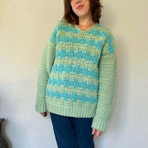 Handmade crocheted teal blue green textured colorblock pullover sweater L-XL